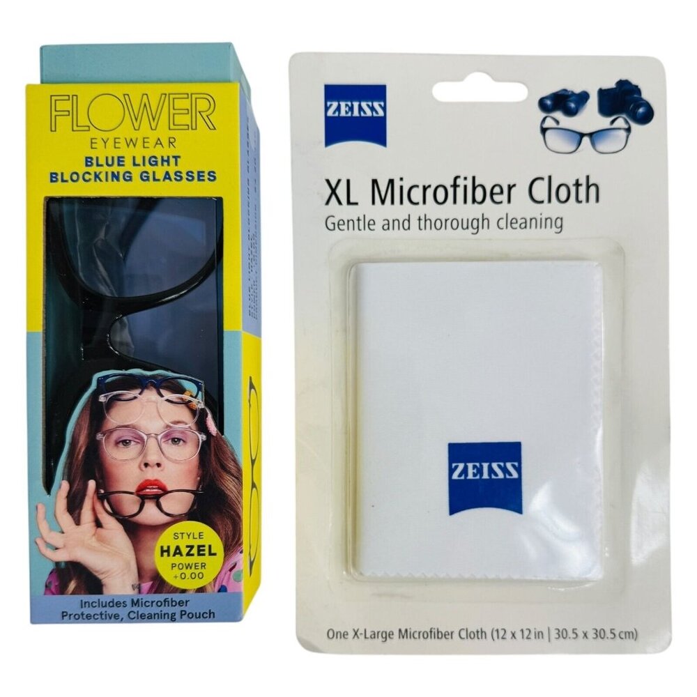 Flower Eyewear Blue Light Glasses Power 0.00 & Zeiss XL Microfiber Cloth (2-Pk)